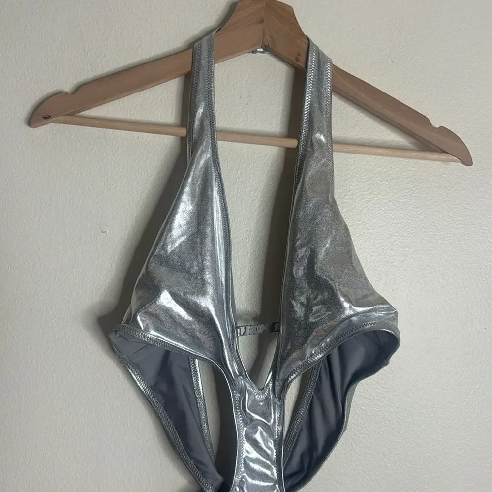 Skims metallic swim halter monokini in nickel swimsuit one piece 2X